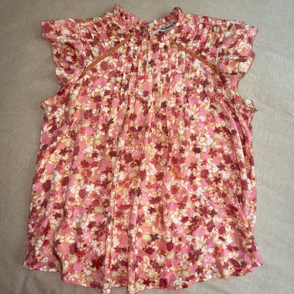 Nanette Lepore Pink Floral Ruffle Hems Flutter Short Sleeve Pintuck 27Top Size L - Picture 1 of 9